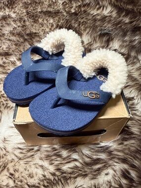 UGG Kids Navy Blue Flip Flop Sandals with Cream Shearling